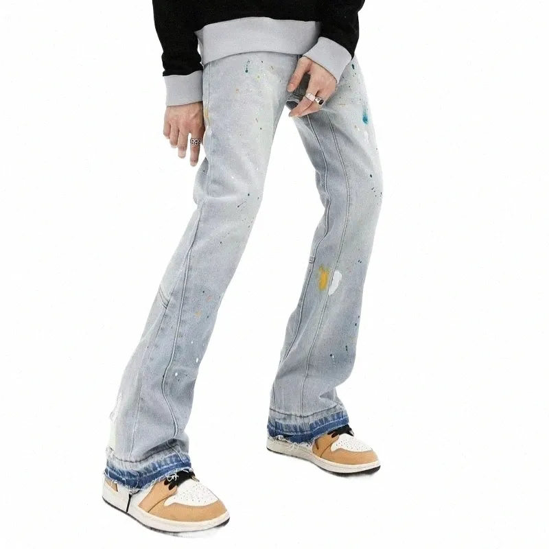 2023 New Fi Spl Ink Graffiti Vintage Baggy Men Flare Jeans Pants Elegant Wed Blue Hip Hop Denim Trousers Ropa Hombre N1Wa#