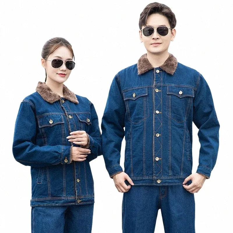 Abbigliamento da lavoro invernale Caldo pile Giacca di jeans Cappotto monopetto Tuta da lavoro termica da lavoro Resistente all'usura Abbigliamento da lavoro spesso 4x c8MW #