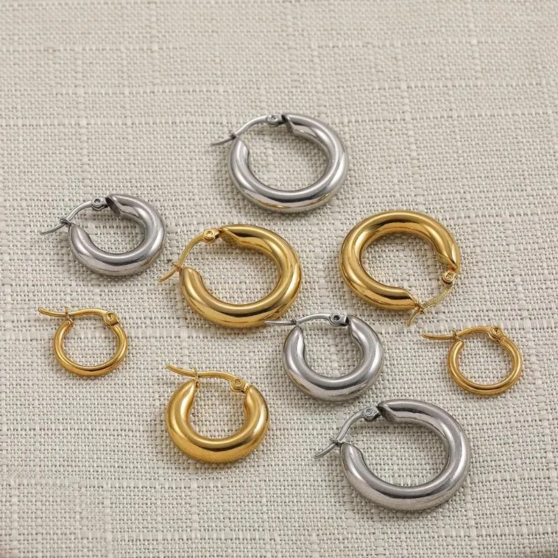 Hoop Earrings Trendy Polished Stainless Steel Minimalist For Women Gold Plated Metal Circle Statement Chunky Ear Buckle