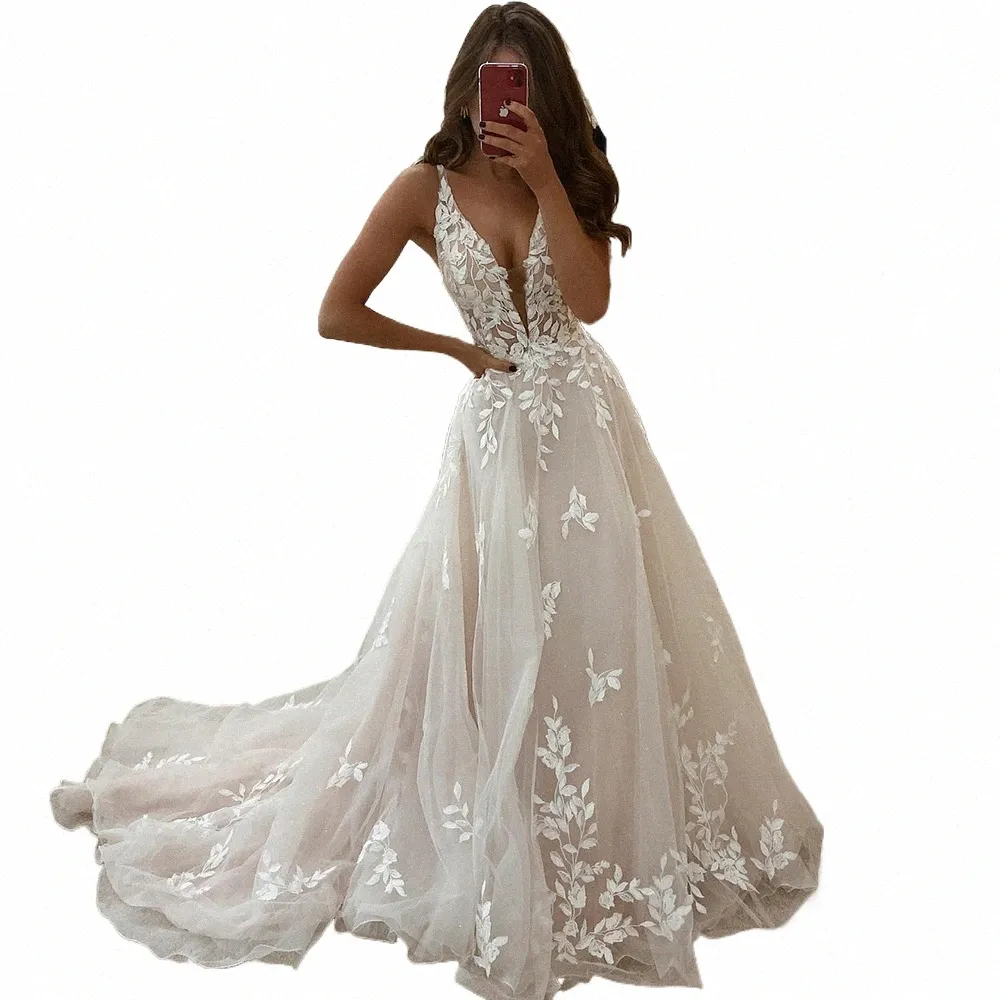 Lorie Blush Pink Lace Elegant Wedding Dres Low-Cut V-Neck-applikationer A-line brudklänningar Princ Spaghetti Straps Brudklänning D8AA#