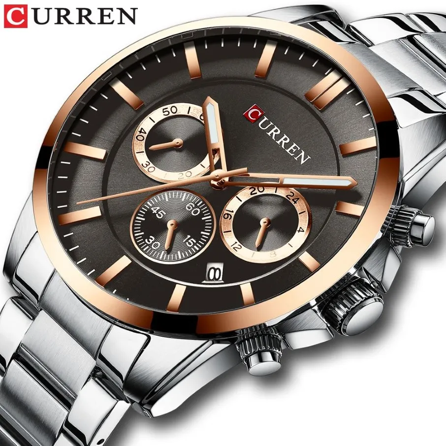 RELOJ HOMBRES العلامة التجارية الفاخرة Curren Quartz Chronograph Watches Men Corte Clock Stainless Steel Band Wast Watch Date2905