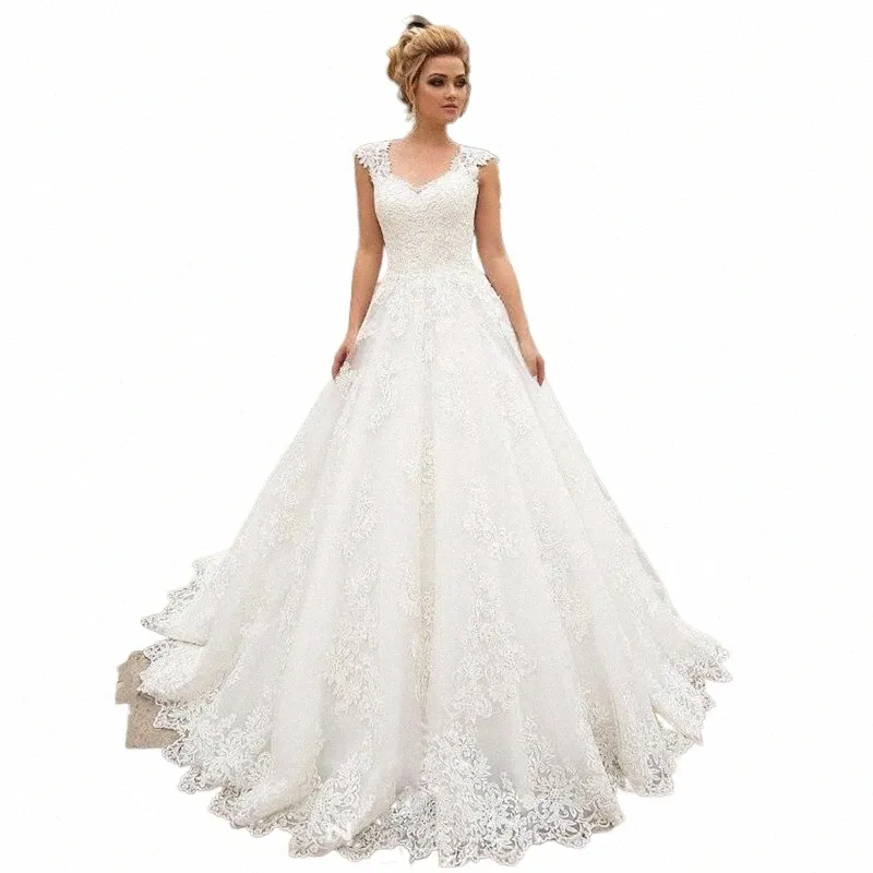 Luxury Ball Gown White Wedding Dr With Lace Appliciques V-Neck Tulle Lace Up Skräddarsydd brud Dr Robe de Mariee B6ek#