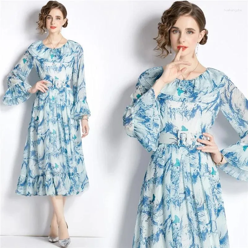 Casual Dresses Color Blue Floral Occident Elegant Young Lady Autumn Fashion Ruffed Neck Big Swing Softerable Chiffon Mid Length Vestido