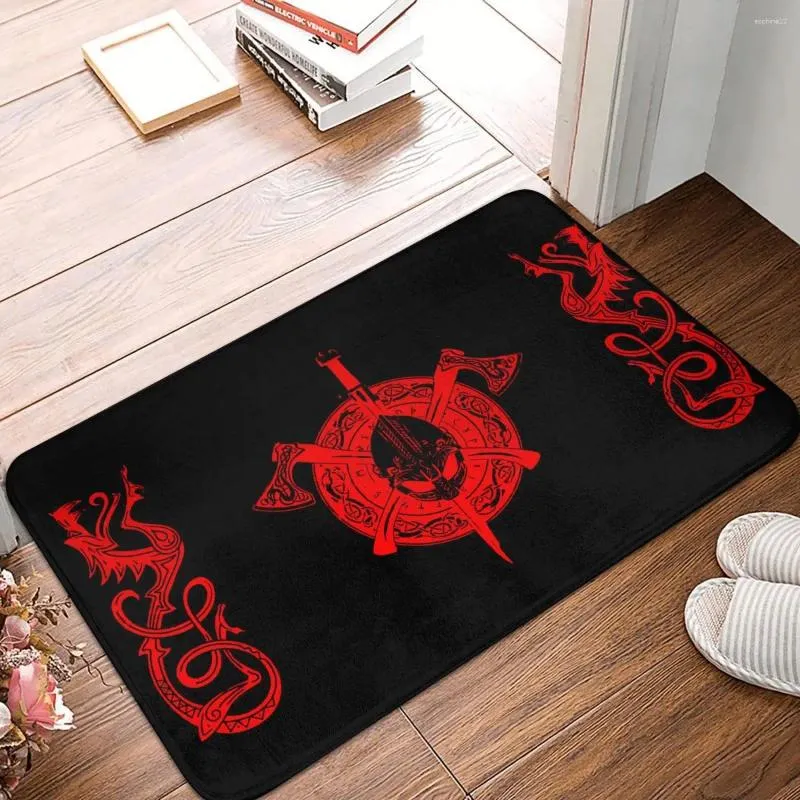 Tapis Viking Valhalla Tapis antidérapant Paillasson Tapis de cuisine Guerrier Rouge sur noir Design Tapis de sol Porte d'entrée décorative