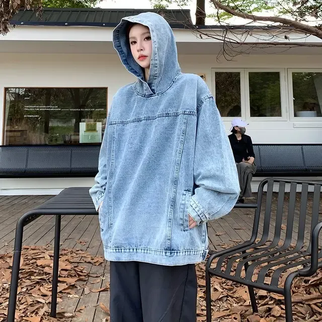 送料・関税込★Binary01★Windy denim hooded jumper Himythe Women's Casual Loose Hooded Jean Jacket Long Sleeve