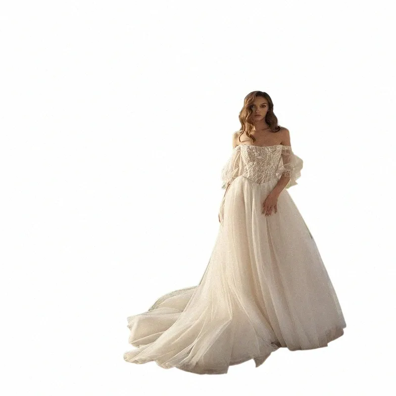 i OD 2023 elegante tulle una linea di paillettes scintillante da sposa Dr scollo a barca manica a sbuffo cerniera posteriore corte dei treni abiti da sposa P9XL #