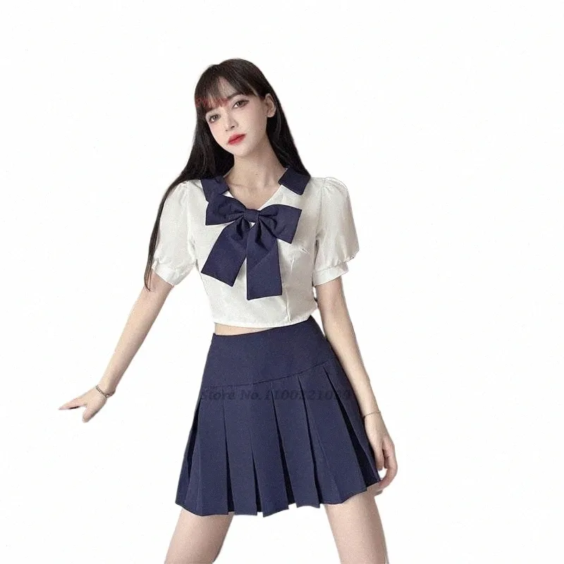 2024 Uniforme d'écolière japonaise JK Sailor Carto Navy Sailor Uniform Set Tops + Cravate + Jupe plissée Set Girl Student N2PJ #