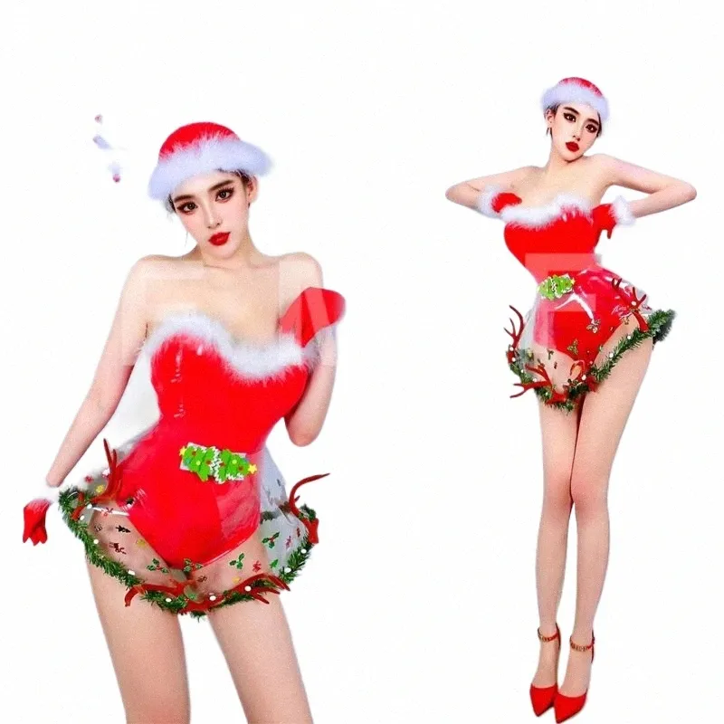 Kerst Gogo Danser Kostuum Vrouwen Rode Bodysuit Transparante Rok Nachtclub Ds Dj Rave Outfit Stage Party Kleding XS7445 L6y0 #