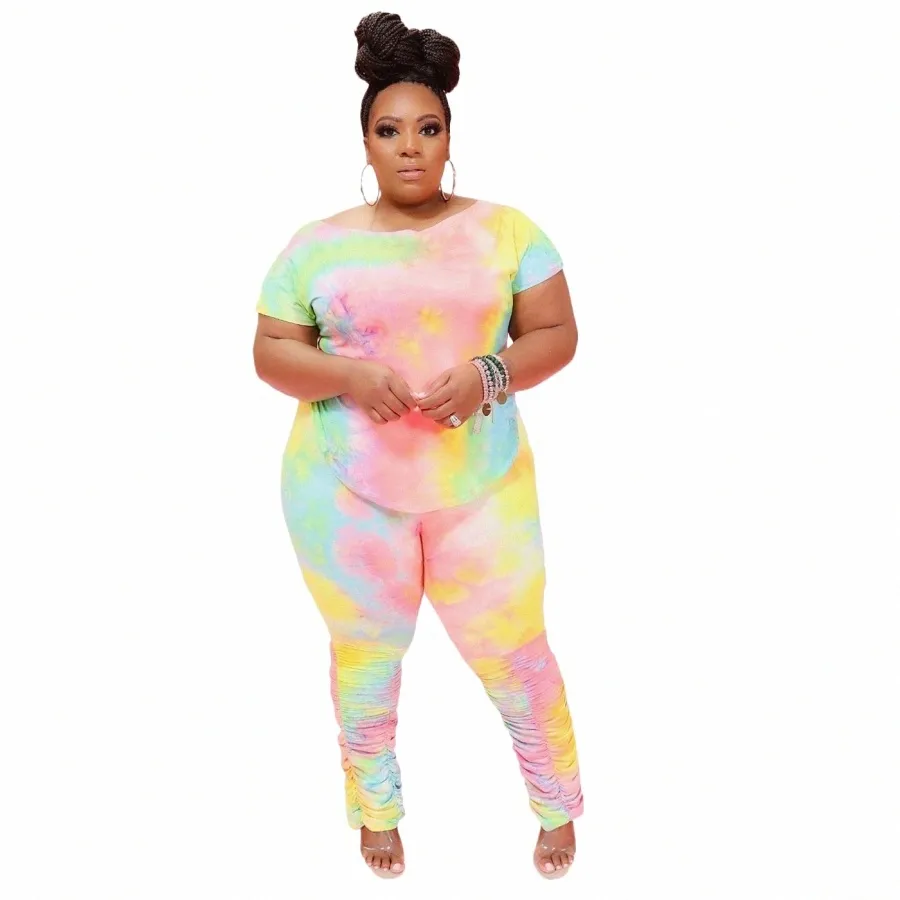 cm.yaya Active Wear Plus Size XL-4XL Tie Dye Print Conjunto feminino camiseta calças empilhadas terno agasalho conjunto de duas peças Fitn Outfit Z893 #