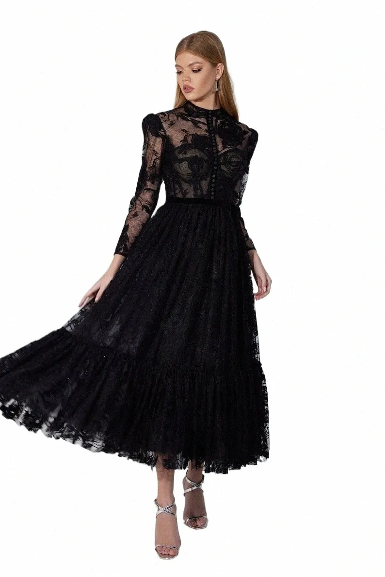 Black Evening Dr Tea-Length Lace Prom Dr Party Dr High Neck LG ärmar En linje Cocktail Bridesmaid Aftonklänningar x1ji#