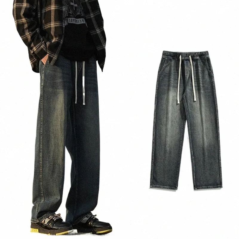 Printemps nouveau homme taille élastique Baggy Jeans coréen Fi Denim pantalon à jambes larges Hip Hop couleur unie jambe droite Streetwear Y2k y11V #
