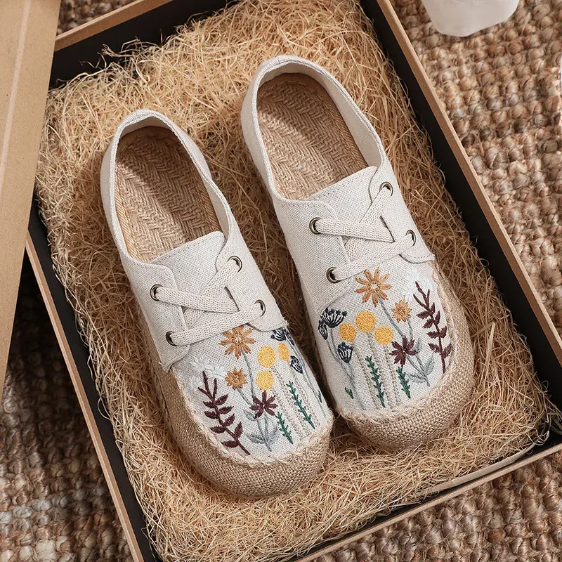 Boots Careayymadehot Flats Women Shoes Progroider Retro Laceup Round Toe Cotton Linen جديد