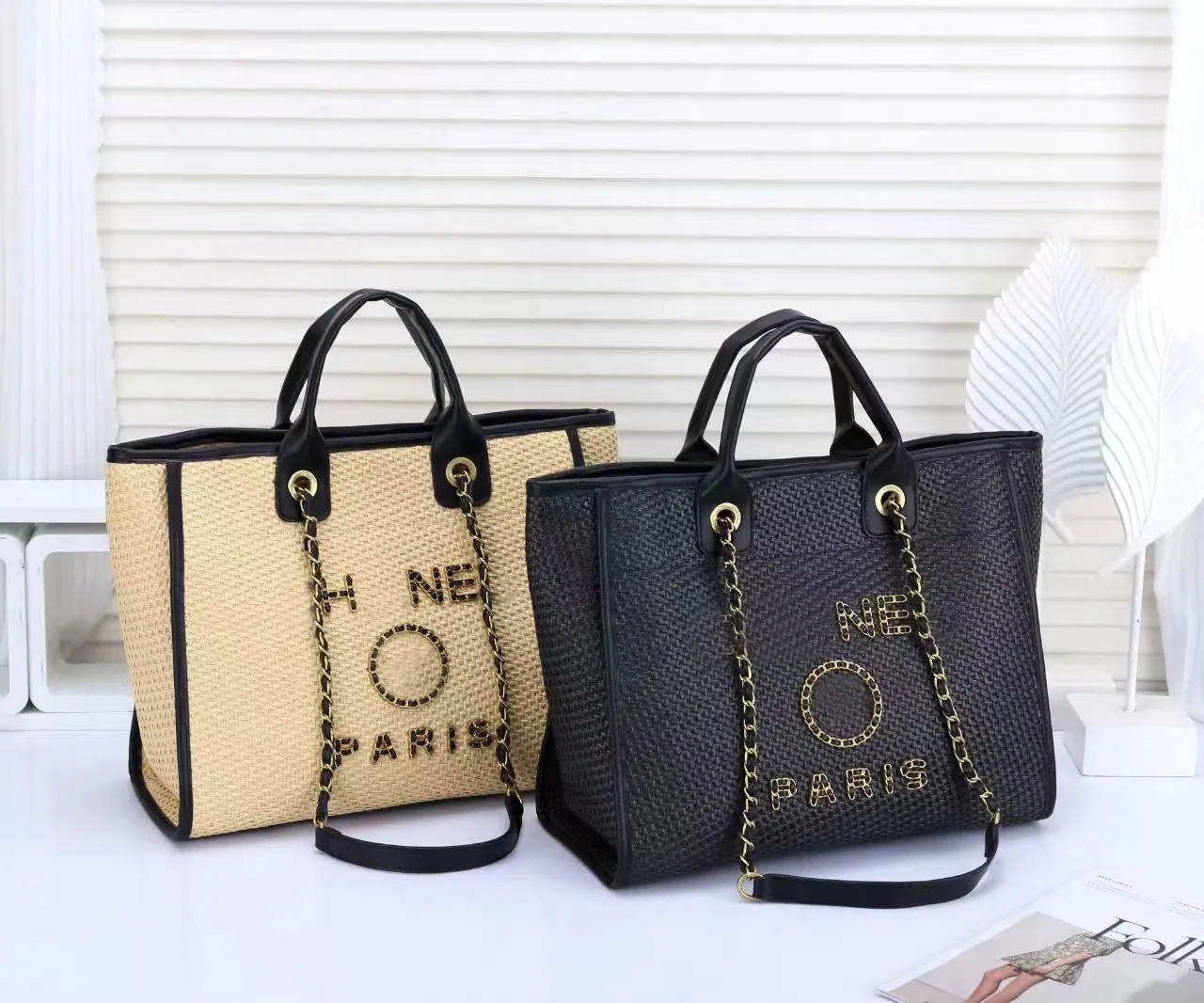 CC-Strandtasche, Designer-Damen-Gewebte Einkaufstasche, einzelne Schulter, Vorhaut mit Kette, 3D-Logo, große Einkaufstasche