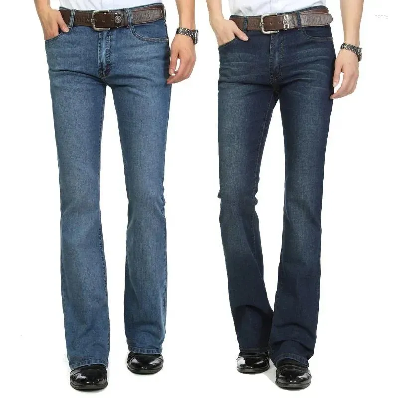 Mäns jeans 2024 Business Casual Pants Man Mid midja Elastic Slim Boot Cut Semi-blared Four Seasons Bell Bottom 26-38