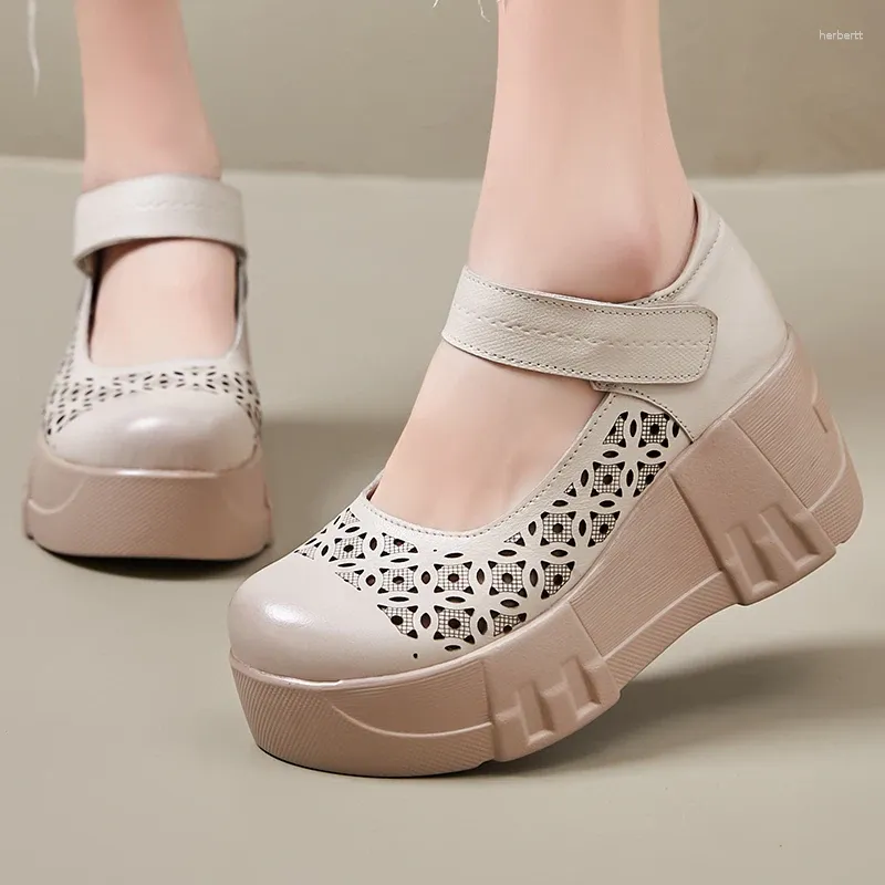Klädskor gktinoo handgjorda retro kvinnor krok slinga äkta läder sandaler 2024 vår sommar ihåliga plattform kilar sneakers