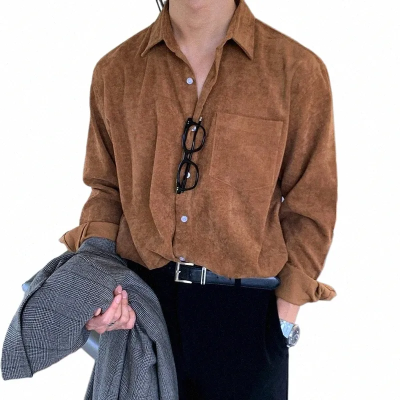 Hommes coréens Fi velours côtelé Lg chemise à manches beau décontracté mince ajustement col montant chemises pour hommes vêtements Blouse 46ZF #