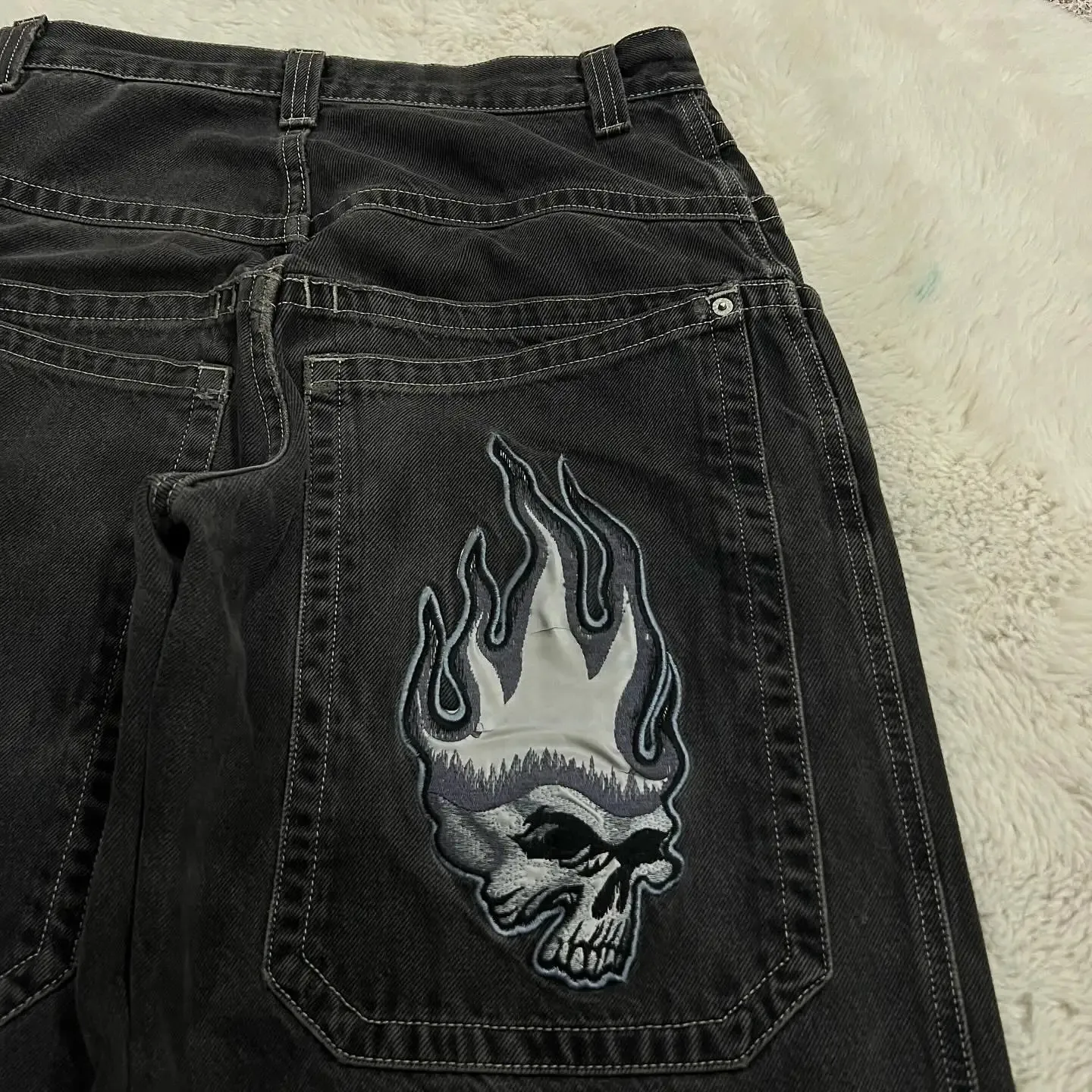 JNCO Y2K Skull Graphic Baggy Black Jeans - High Waist, Wide