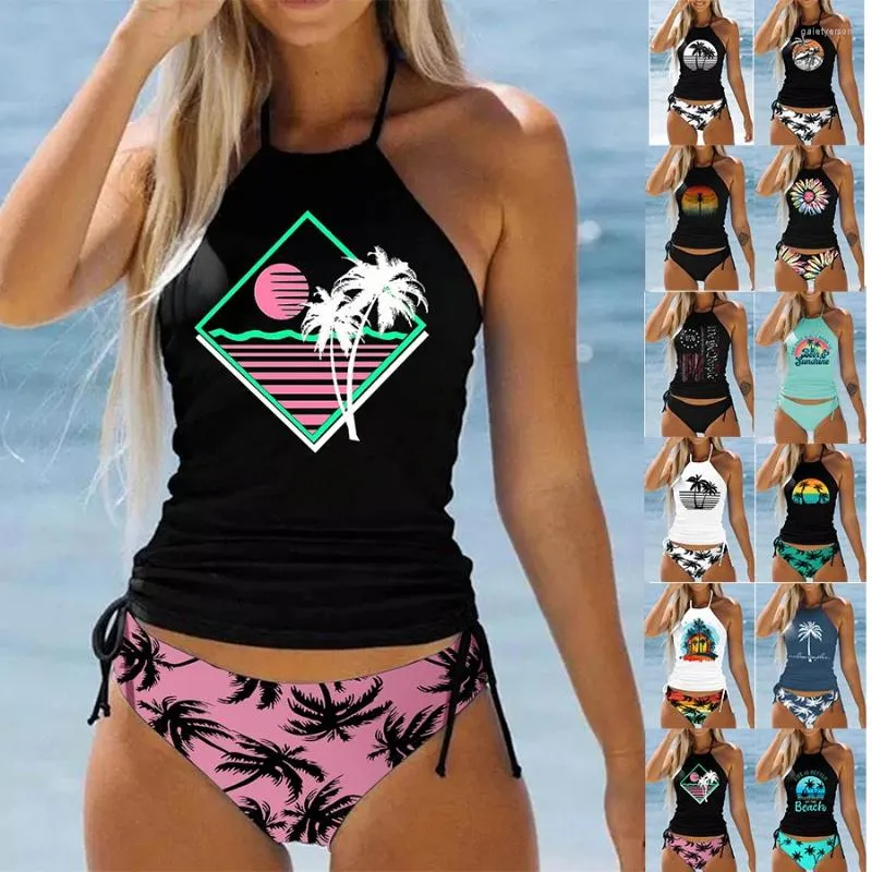 Roupa de banho feminina verão 3d impresso conjunto de biquíni maiô sexy duas peças soltas praia tankini S-6XL