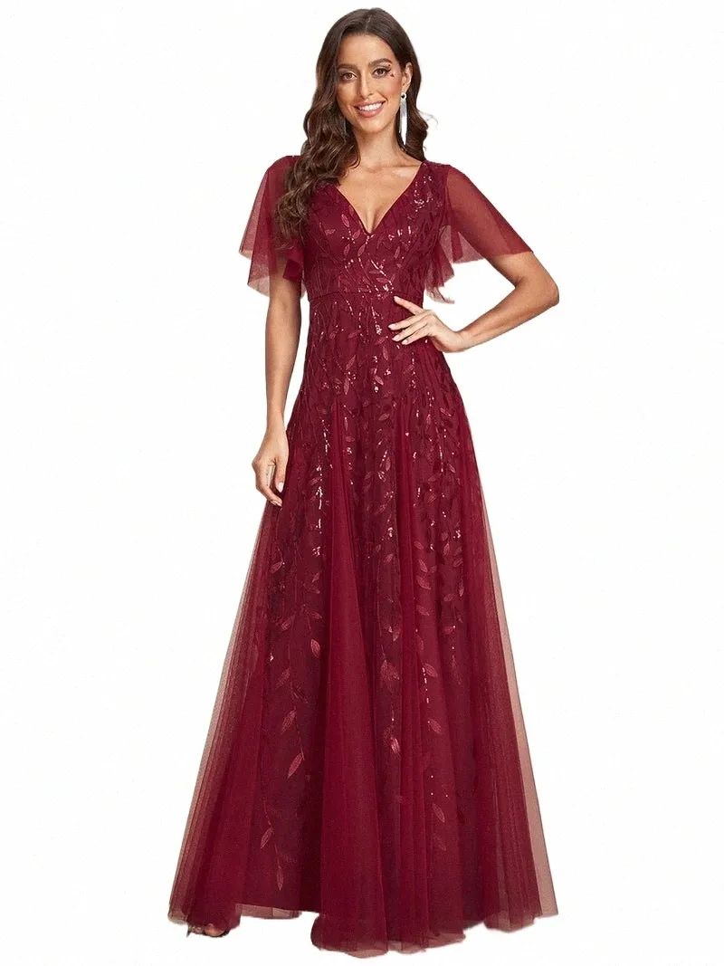 Elegant kväll Dr Romantic Shimmery Deep V-Neck Ruffle ärmar någonsin Pretty of 2024 Burdy Gace Sequin Maxi LG GOWNS N7XC#