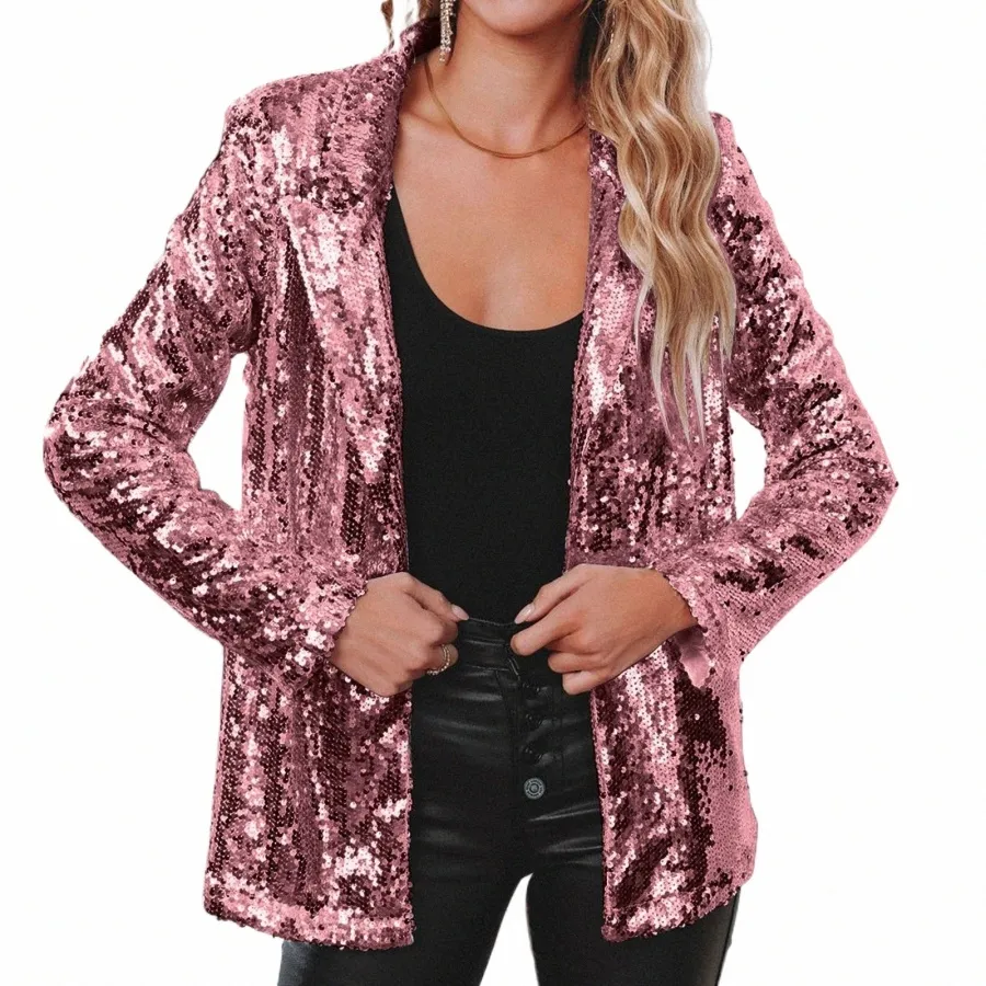 Femmes Automne Veste Femmes Paillettes Paillettes Casual Lg Manches Glitter Party Brillant Revers Rave Vêtements D'extérieur Casual Manteau Sauvage Chaquetas Y0o8 #