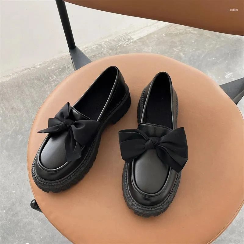 Casual Shoes Women Flat Bow Leather Ladies 2024 Autumn Thick Heel Loafers Woman Fashion Comfortable Work Zapatos