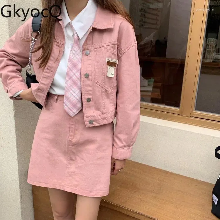 ワークドレスgkyocq韓国ファッションヤングレディース2ピースセットスプリングピンクデニムショートジャケットハイウエストラインスカート女性服