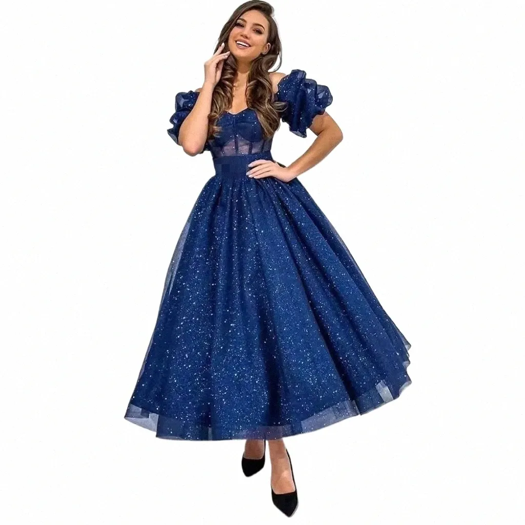 lucido blu navy con spalle scoperte Prom Dres Glitter caviglia lunghezza Sweetheart abiti da sera manica a sbuffo Backl Cocktail Dr 011 W0Nm #