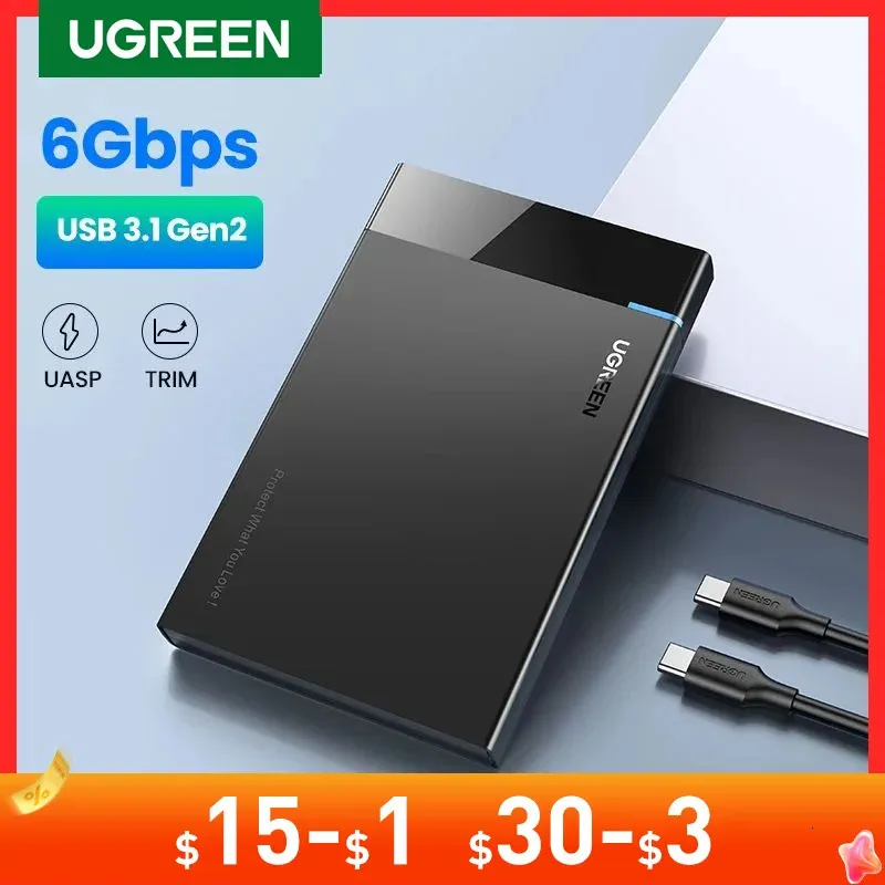 Ugreen HDD Case 2.5 Drive Hard Emblue Obudowa USB typ C SATA 5 Gb / s dla SSD HDD 9,5 7 mm Zewnętrzny dysk twardy Obsługa skrzynek UASP 240322