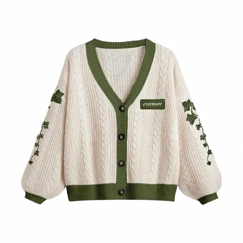 Evermore Cardigan Taylor Versi Verde Vine Bordado Butt Down Cable Knit Sweater Mulheres Outono Inverno Vintage Outfit A9GZ #