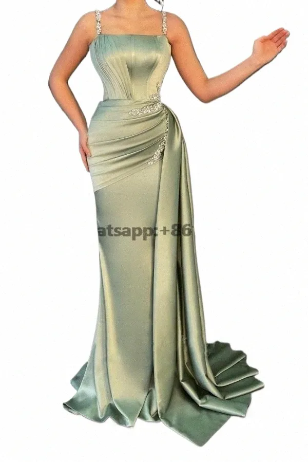 pliegues Ruched Evening Dres Dres Light Green Mermaid 2023 FI Rhineste Rhineste Stretchy Satin Prom Gowns Elegante personalizado W8XQ#