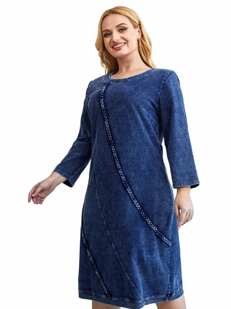 lih HUA femmes grande taille Denim Dr automne Chic élégant Dres pour femmes potelées Cott tricoté col rond Dr 41IW #