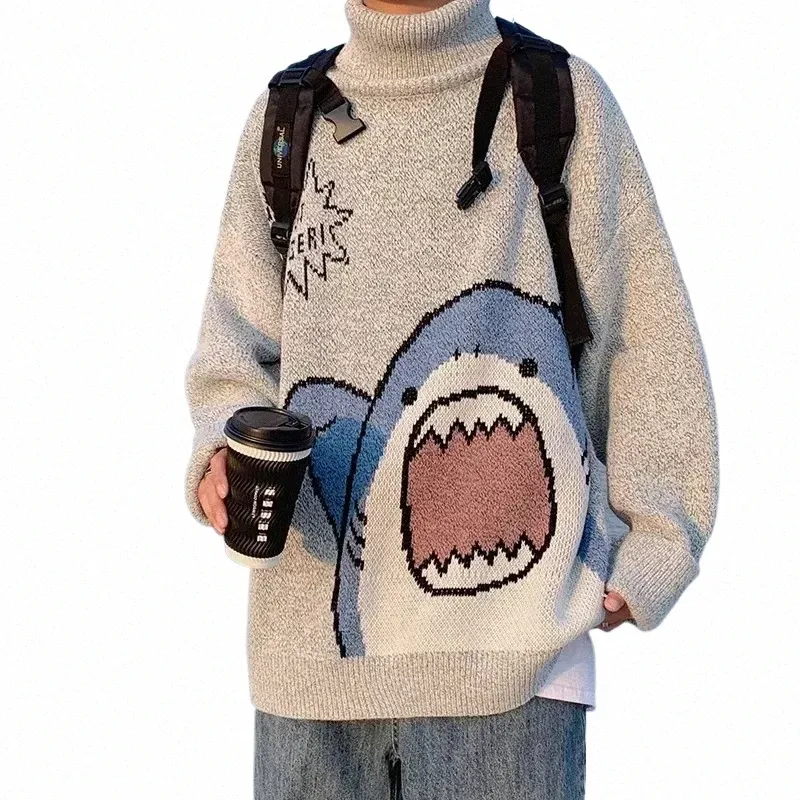 uomini dolcevita Shark maglione degli uomini 2023 inverno Patchwor Harajuku stile coreano collo alto oversize grigio dolcevita per gli uomini D4fK #