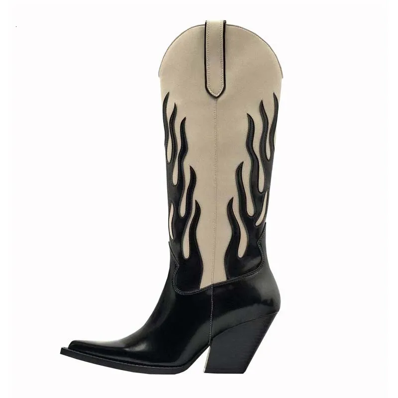 Bottes bout pointu noir et blanc imprimé flamme genou haut talons bloc sans lacet Cowboy Cowgirl Vintage classique femmes chaussures décontractées 231123