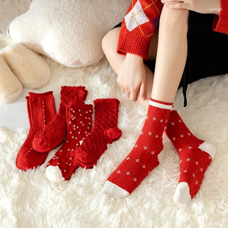 Chaussettes femme année noël rouge texturé femme mariage fond épais chaud automne hiver rétro longue