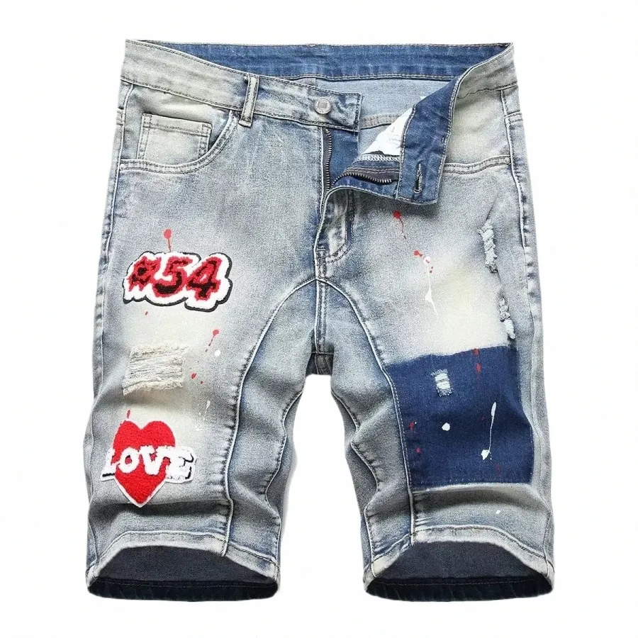 herr graffiti rippade denim korta jeans 2023 sommar ny fi casual smal stor hål retro stil denim shorts manliga märke kläder d4bj#