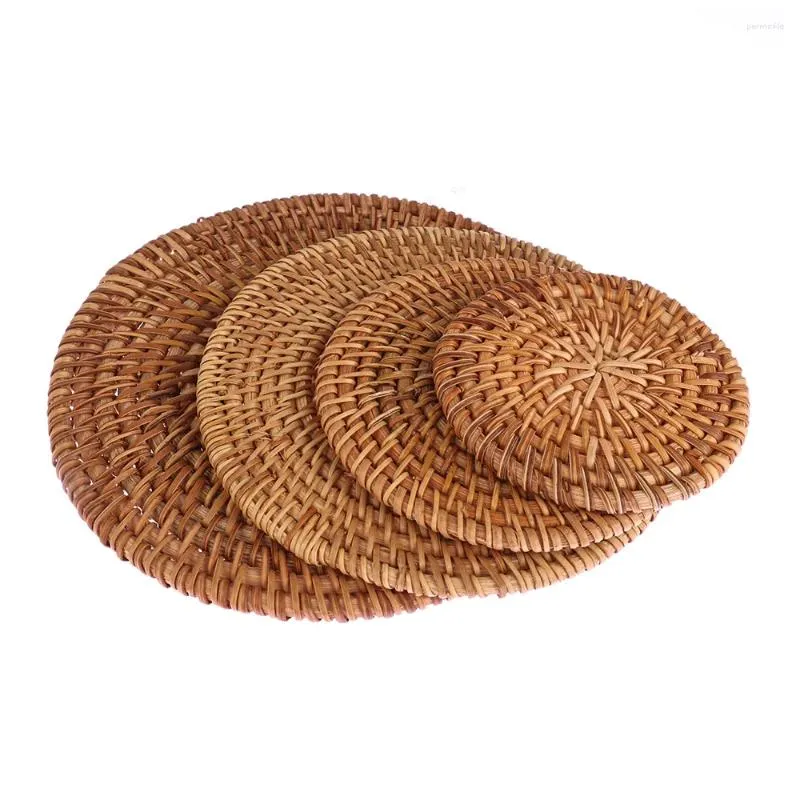 Table Mats Handmade Round Natural Rattan Pad Coasters Placemats Bowl Padding Mat Insulation Kitchen Decoration Accessories