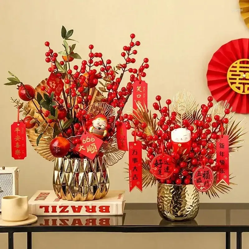 Jarrones Red Fortune Fruit Simulación Flores Cerámica Conjunto de jarrón Año Adornos de boda Hogar Sala de estar Porche Decoración de escritorio Artesanía