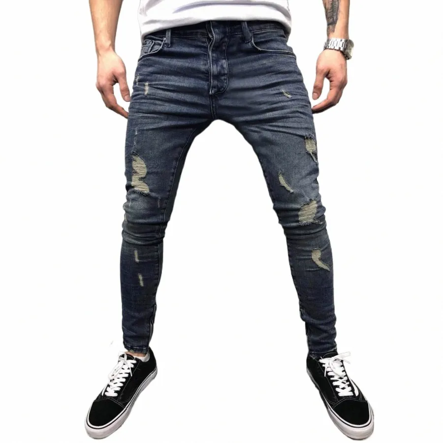 Mens Jeans skinny strappati Dritto Hip Hop Jeans casual di alta qualità 2023 Pantaloni elastici in denim coreano Versi Pantaloni classici nuovi d6tW #