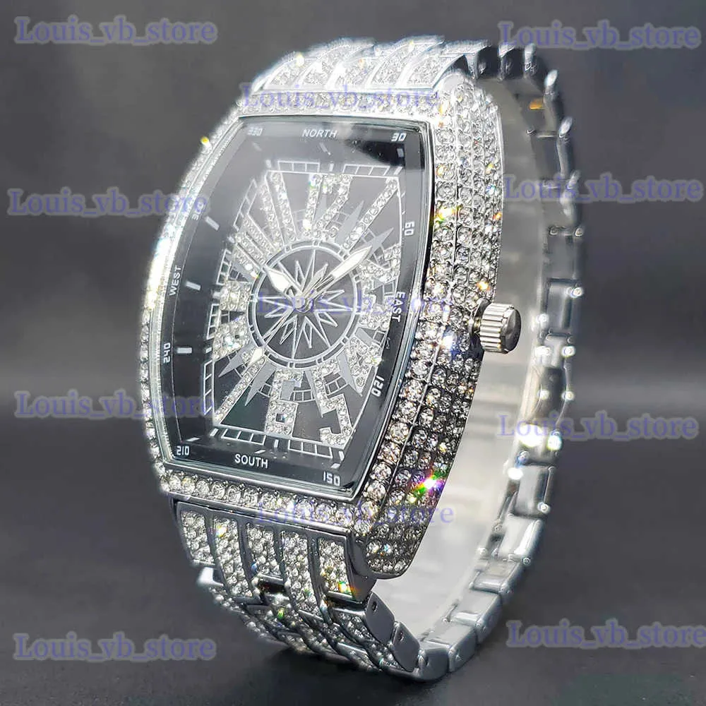 Andere Uhren Herren Luxus Schwarzes Zifferblatt Volldiamant Quarz Handgelenk Wasserdicht Herren Big Hand Uhr Hip Hop Mode Mann Zubehör T240329