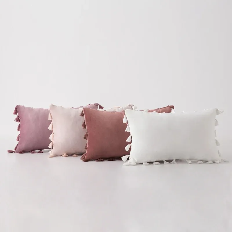 Soft Velvet Tassels Cushion Cover Pink Grey Beige Green Pillow Cover Bedroom Sofa Decoration PillowCase 30x50cm/45x45cm Pillows