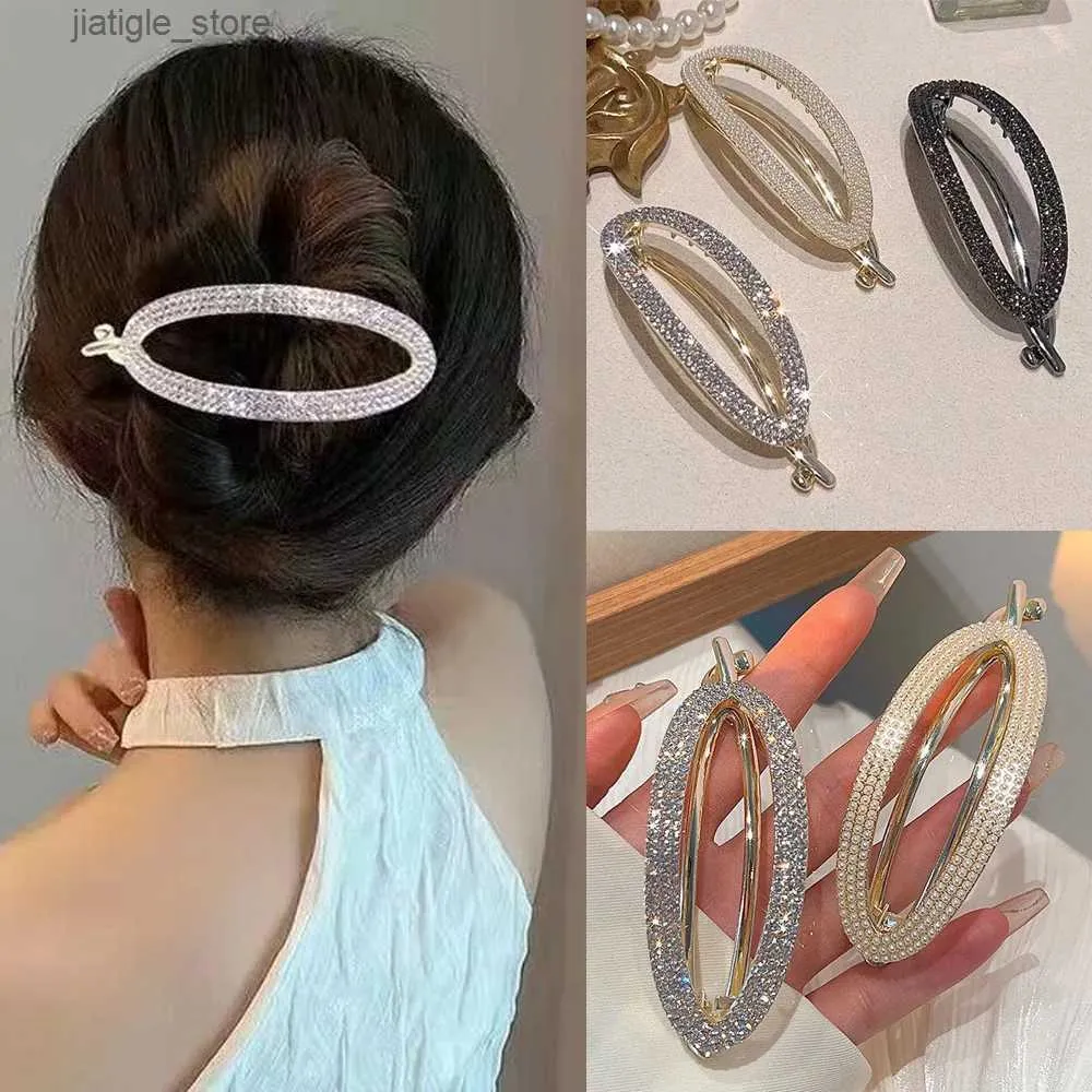 Haarspeldjes Modieuze metalen ovale strass dames haarclip elegante ronde zoete kristallen haarclip emmer haarclip Y240329