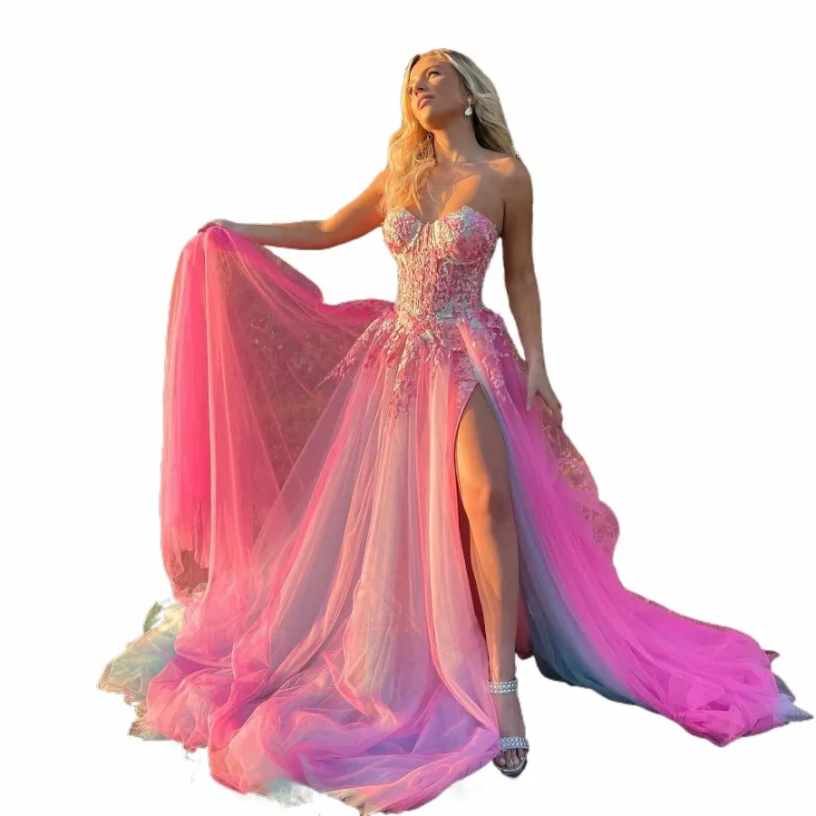 Bafftafe Fairy Pink Sky Blue Prom Party Dres Applikationen Spitze Frs Frauen Abend Dr Slit Formale Hochzeit Verlobungskleider S5Lm #
