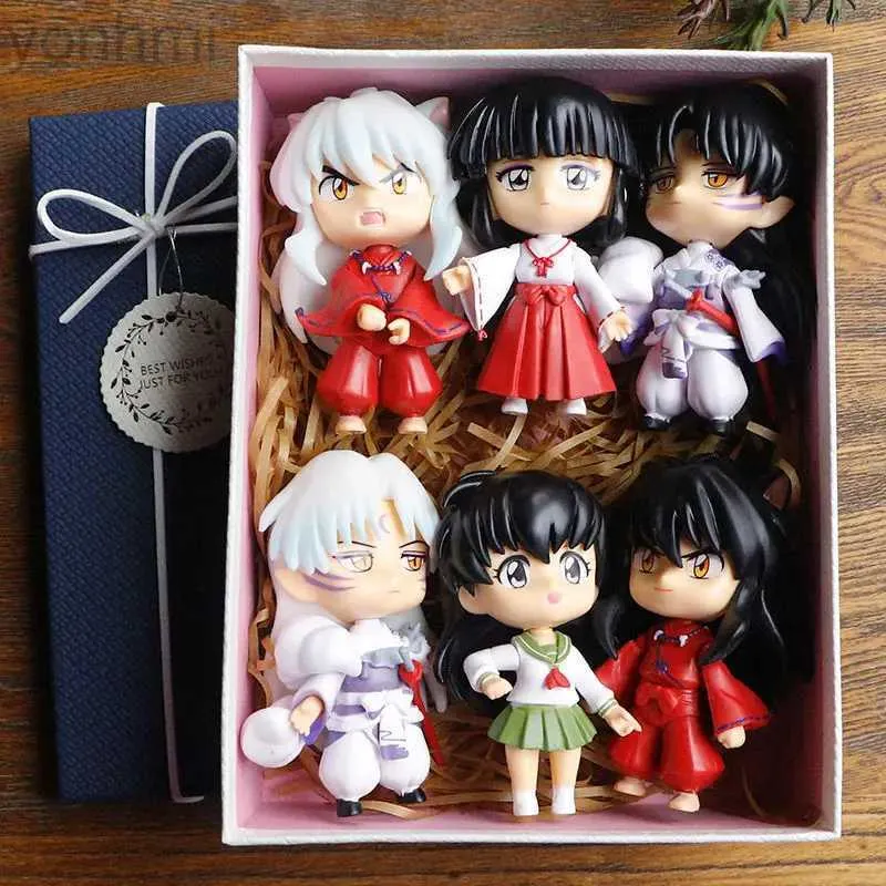 Anime manga 6st inuyasha q version figur modell leksak söt sesshoumaru higurashi kagome pvc doll modell skrivbord dekorationer barns gåvor 24329