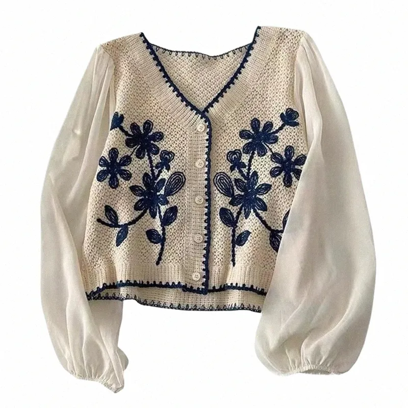 women Casual V-Neck Butt Down Cropped Cardigan Puff Lg Sleeve Elegant Embroidery Floral for JACKET Cover Up Blouse m2qK#