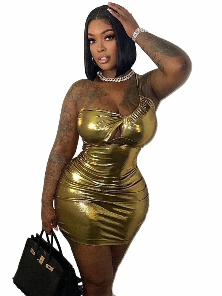 znaiml Sexy Gold Sier Metallic Одно плечо Ruched Bandage Mini Dr Женские наряды День рождения Пром Вечеринка Ночной клуб Bodyc Robe 45tM #