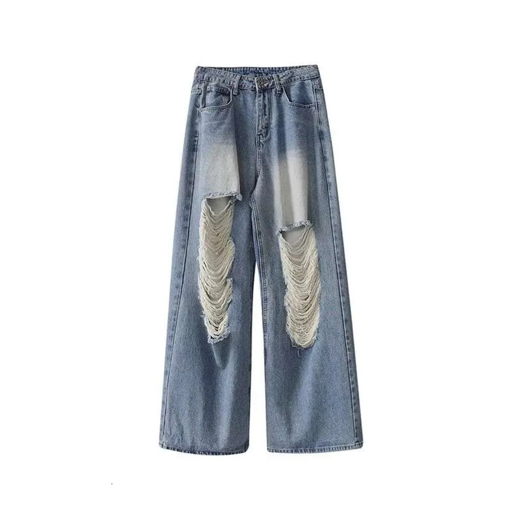 High Street-Jeans mit großen Löchern im amerikanischen Stil, Retro-Jeans mit geradem Bein im Distressed-Stil, modisches, lässiges Design, grenzüberschreitende Hose