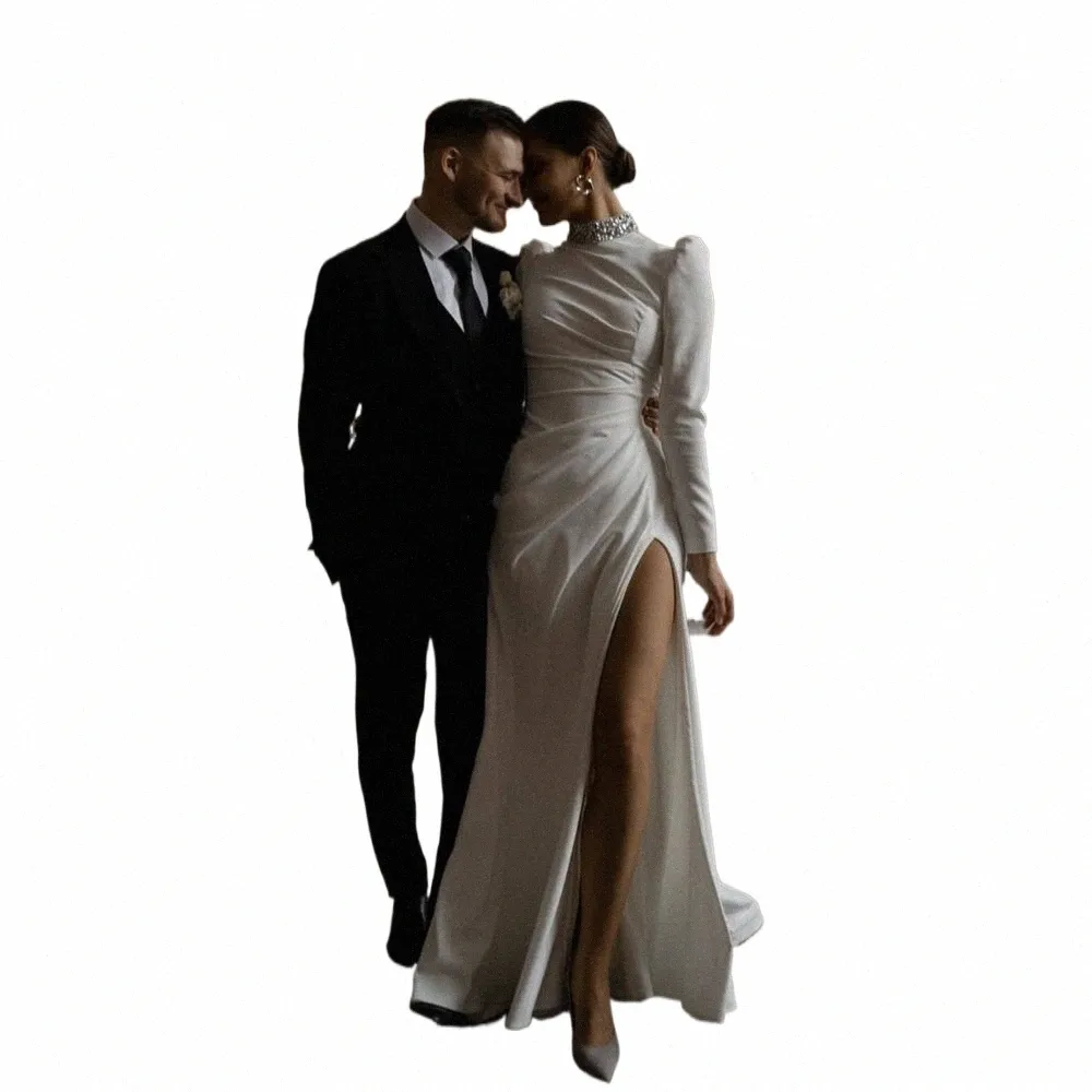 Verngo Elegante High Neck Perlen Kristall Meerjungfrau Hochzeit Dres LG Ärmel Falten Seitenschlitz Einfache Frauen Braut Formale Dr l6I7 #