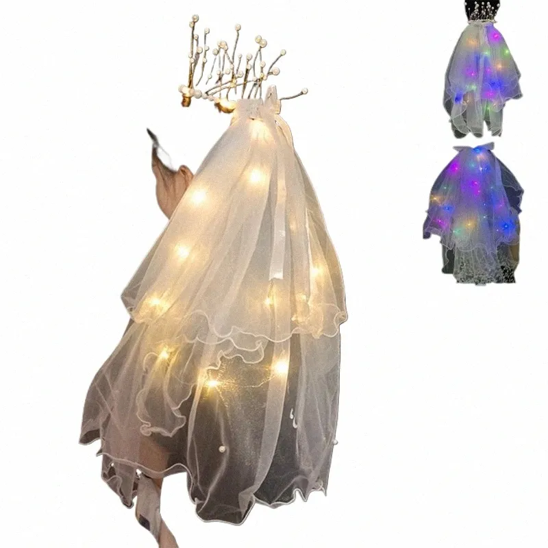 Véu de casamento nupcial com luz LED com pérolas / coroas Véu de tiara de casamento para Photoshop Props Party Headpieces Decor x2U5 #