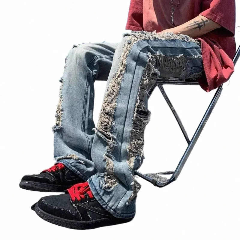 Y2K Grunge Ripped Jeans Men Baggy Straight Leg Denim Trousers, Streetwear  Hip Hop Style, Blue Wash Shop Now!