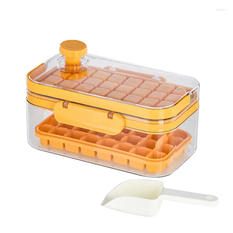 Baking Moulds Ice Tray Pressed Storage Box Freezer Square Ice-Cube Mold With Lid Home Maker And Scoop(Orange)